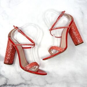 Giuseppe Zanotti Tara Glitter Strappy Leather Block Heel Sandals Red Orange 40